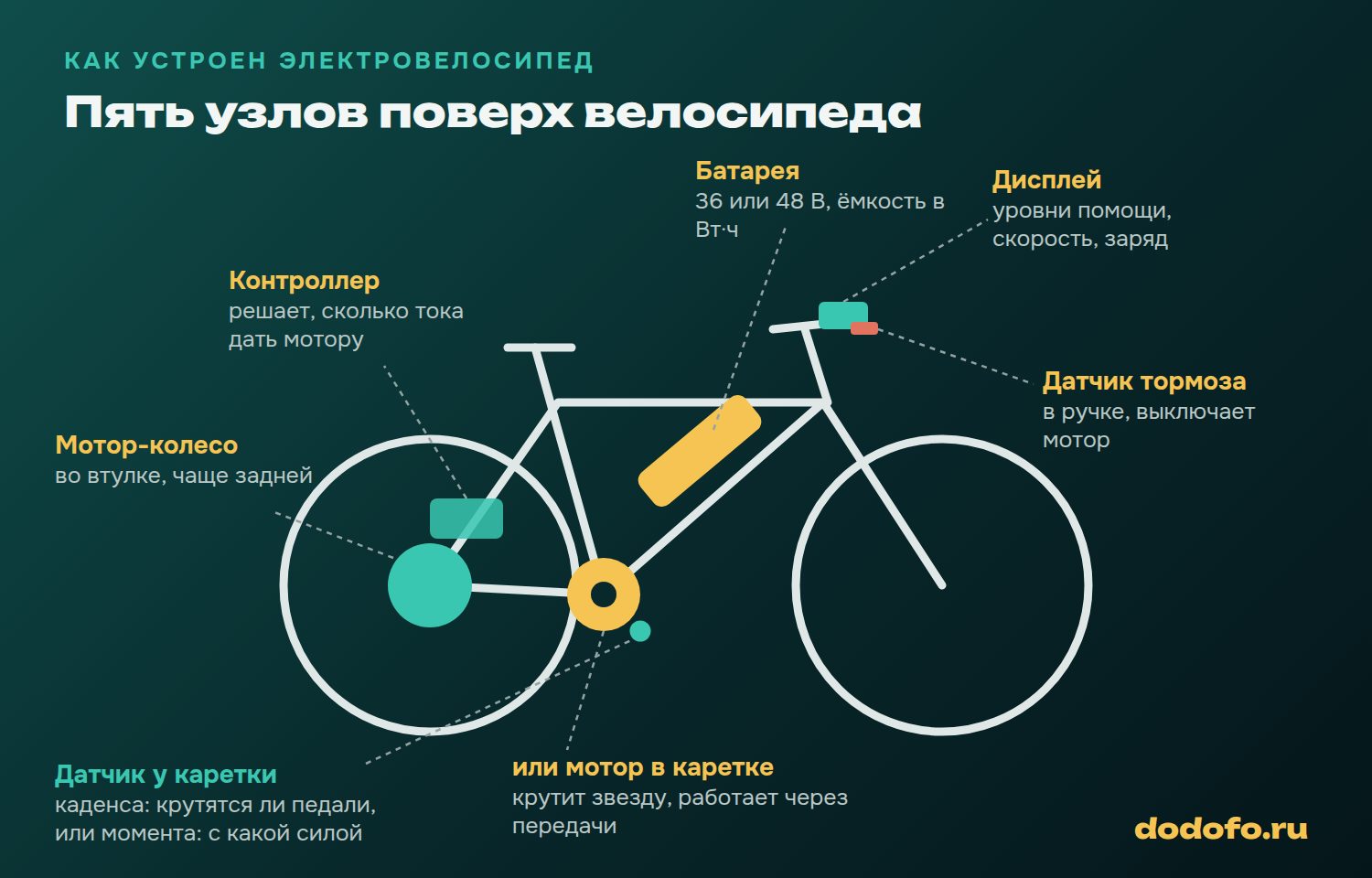 Устройство электровелосипеда: мотор в колесе или в каретке, батарея на раме или багажнике, контроллер, датчик каденса или момента у каретки, дисплей на руле и датчики торможения в ручках