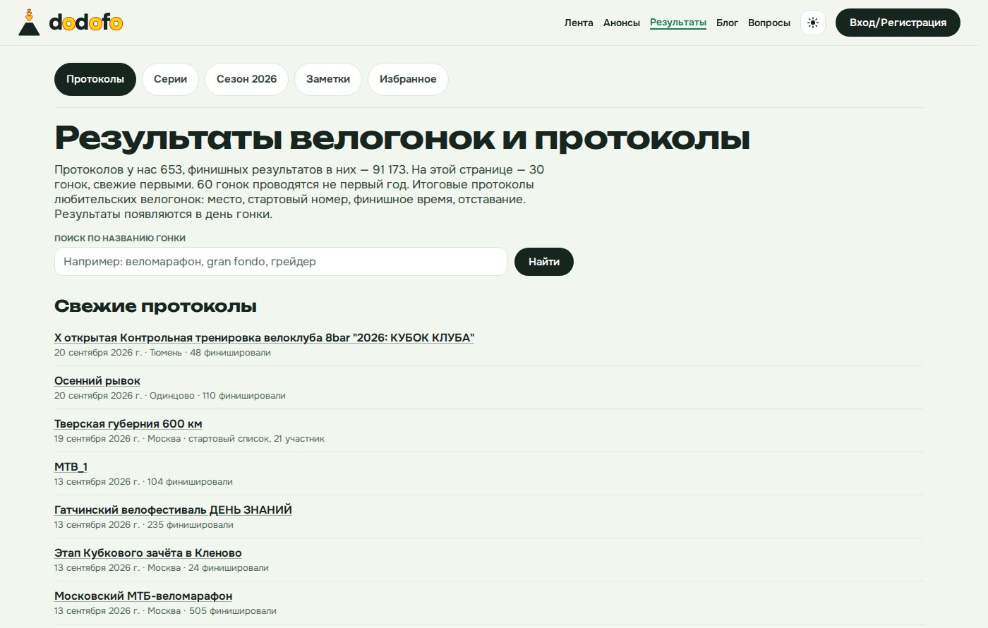 Раздел результатов велогонок на dodofo: 653 протокола, поиск по названию гонки и лента свежих протоколов