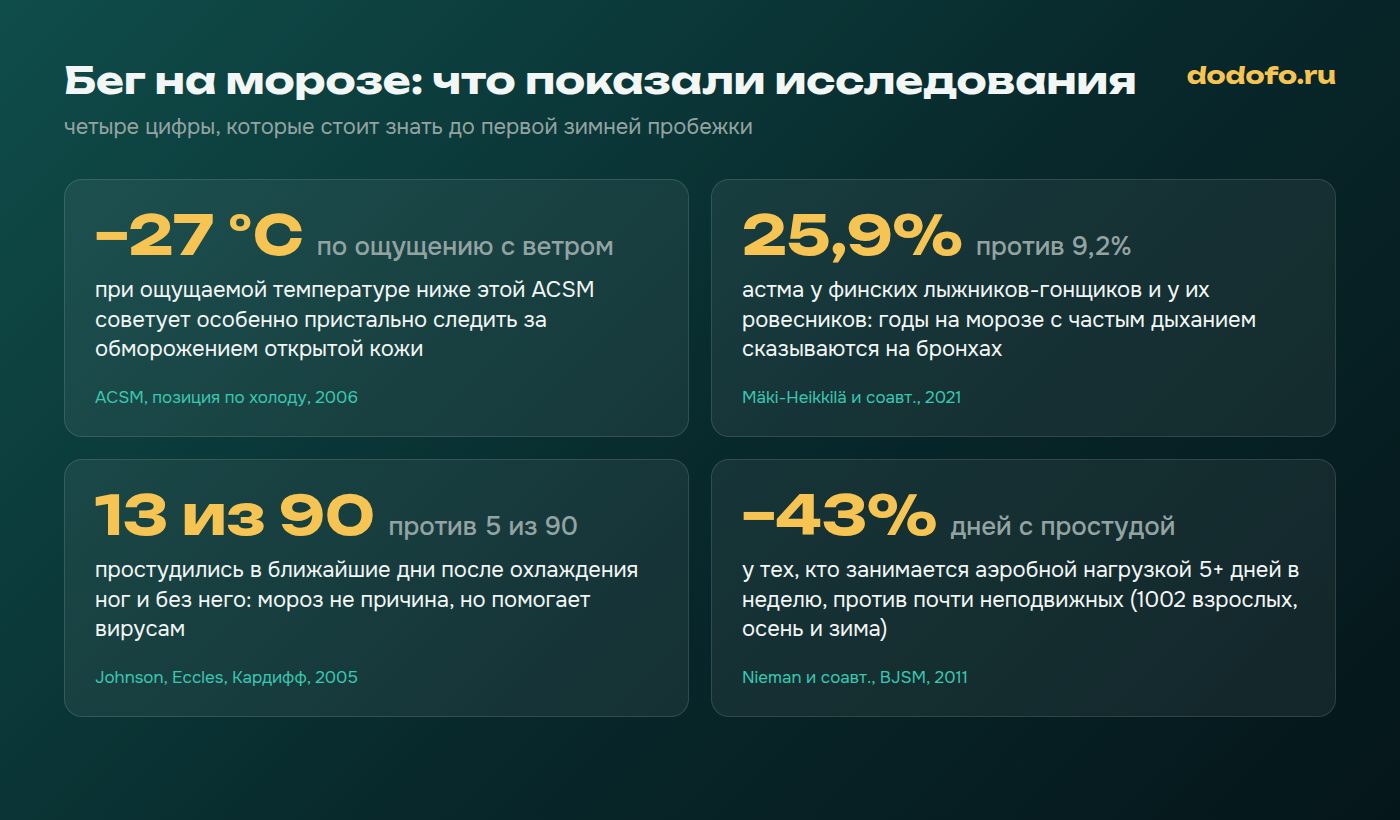 Бег зимой по исследованиям: 25,9% лыжников с астмой против 9,2%, порог ощущаемой температуры −27 °C по ACSM, на 43% меньше дней с простудой у активных, 13 из 90 простудились после охлаждения ног против 5 из 90