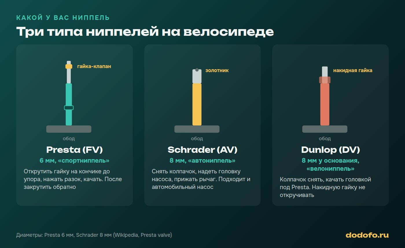 Три типа велосипедных ниппелей: Presta с гайкой-клапаном на кончике, Schrader с золотником как у машины и Dunlop с накидной гайкой