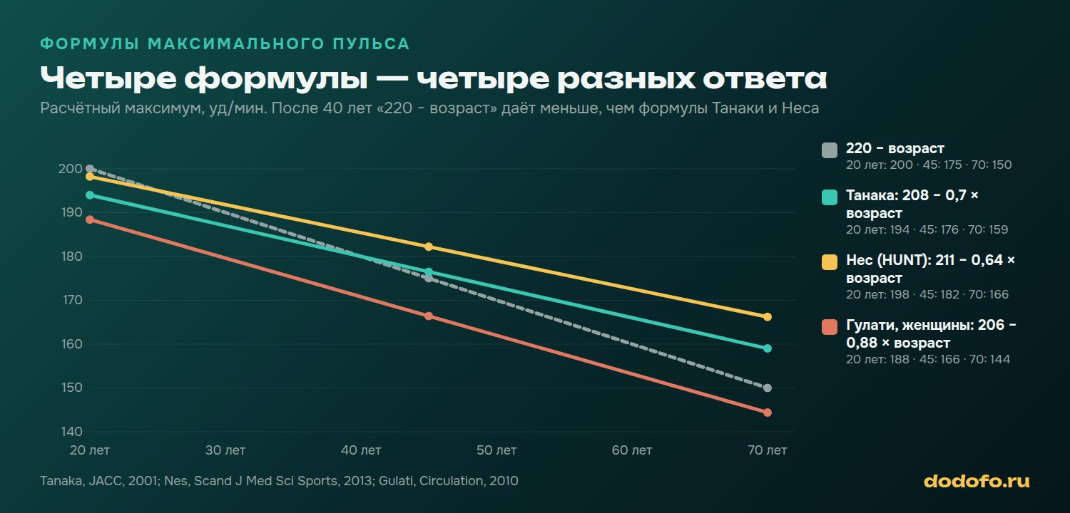 График максимального пульса по возрасту по четырём формулам: 220 минус возраст, Танака, Нес и Гулати для женщин, от 20 до 70 лет