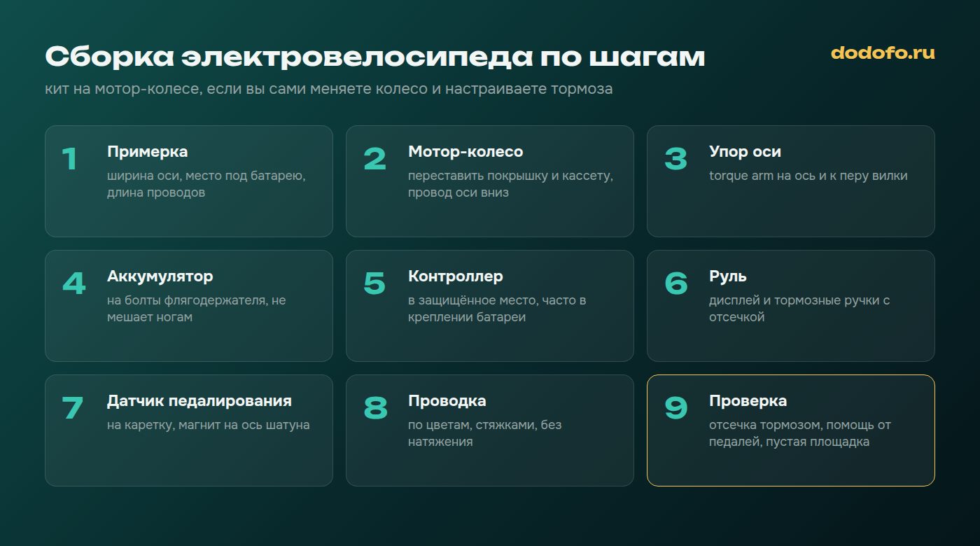 Сборка электровелосипеда по шагам: примерка кита, мотор-колесо, упор оси, аккумулятор, контроллер, руль, датчик педалирования, проводка и проверка