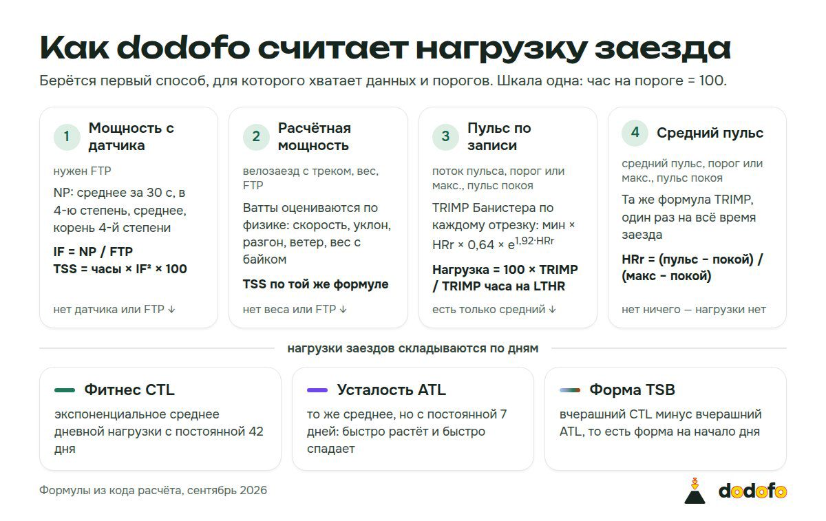 Схема расчёта нагрузки в dodofo: четыре способа по убыванию точности (мощность с датчика: NP, IF, TSS; расчётная мощность по треку; TRIMP по записи пульса; TRIMP по среднему пульсу) и три кривые из дневных сумм: фитнес CTL за 42 дня, усталость ATL за 7 дней, форма TSB на начало дня