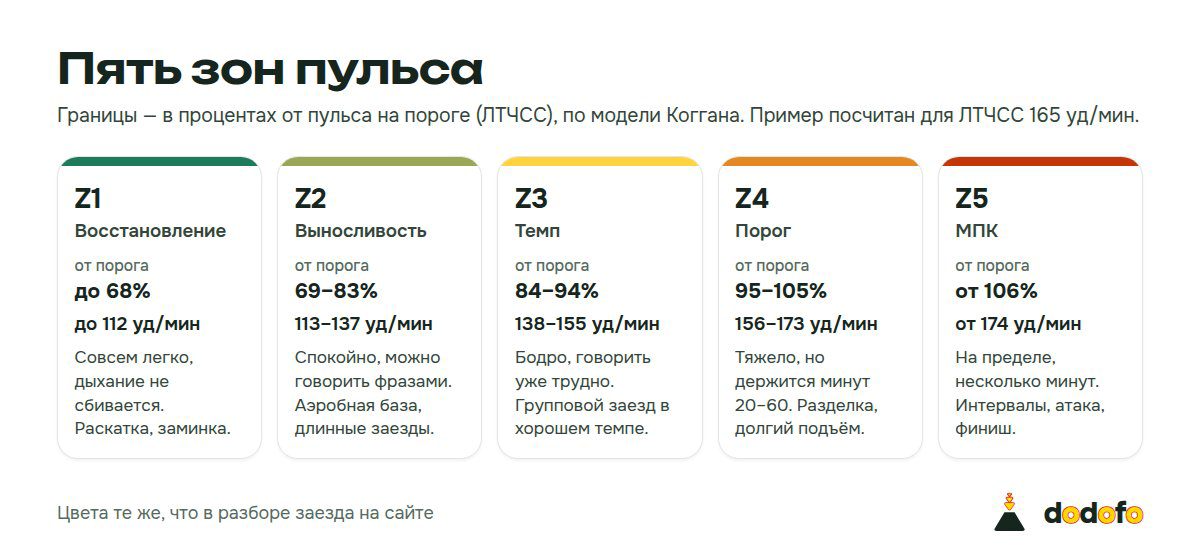 Шкала пяти зон пульса: Z1 Восстановление до 68% от порога, Z2 Выносливость 69–83%, Z3 Темп 84–94%, Z4 Порог 95–105%, Z5 МПК от 106%, с примером в ударах для ЛТЧСС 165