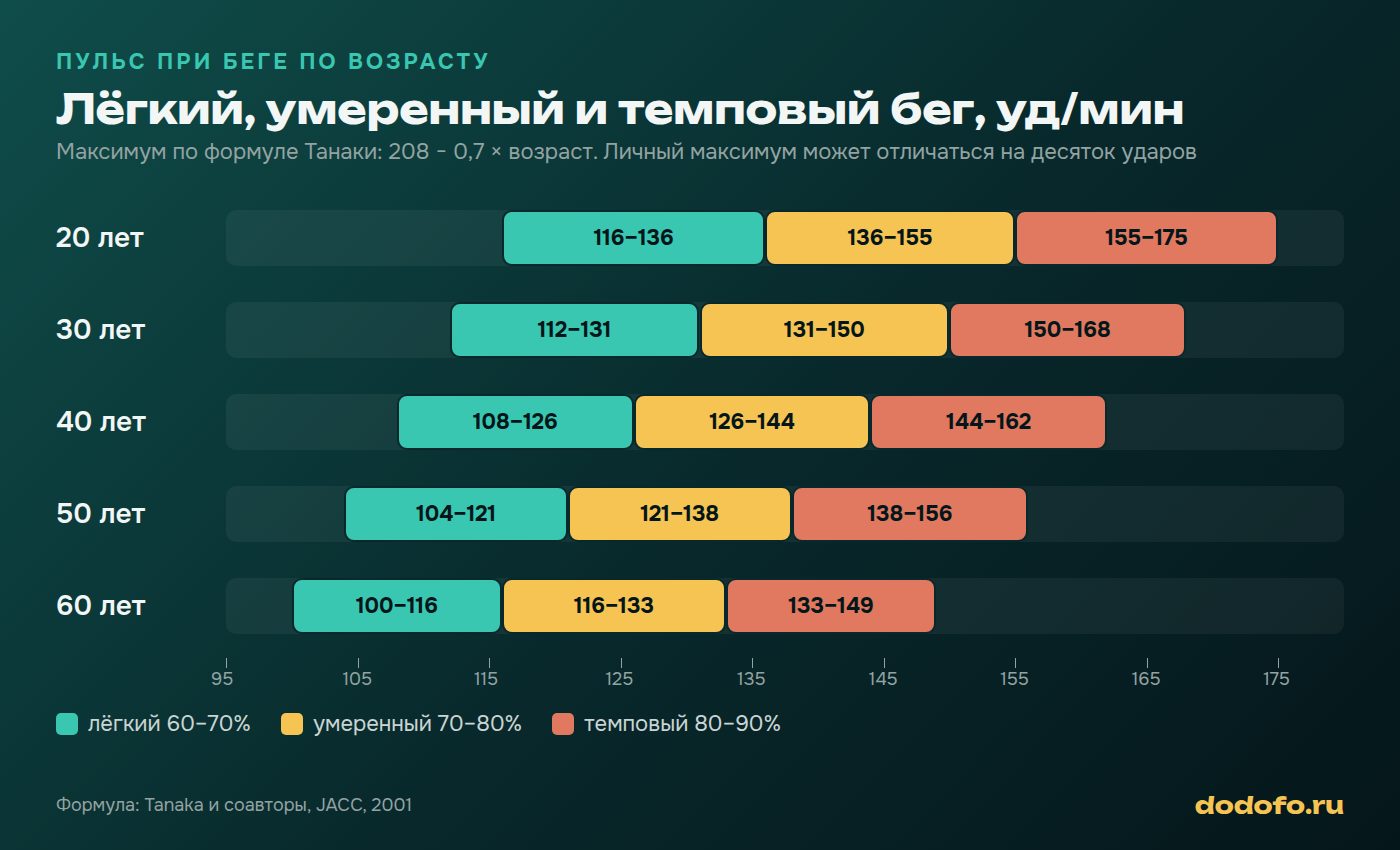 Пульс при беге по возрасту: лёгкий, умеренный и темповый бег в ударах в минуту для 20–60 лет, максимум по формуле Танаки
