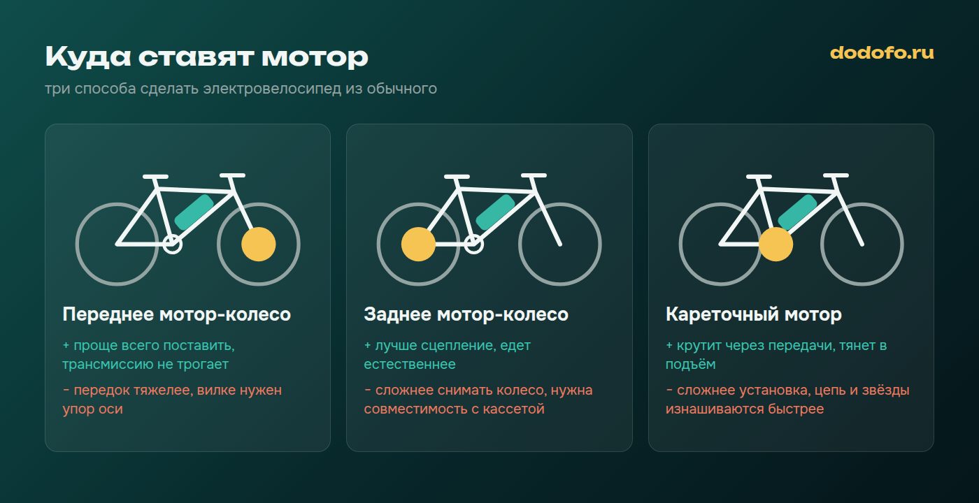 Три способа сделать электровелосипед из обычного: переднее мотор-колесо, заднее мотор-колесо и кареточный мотор, с плюсами и минусами каждого