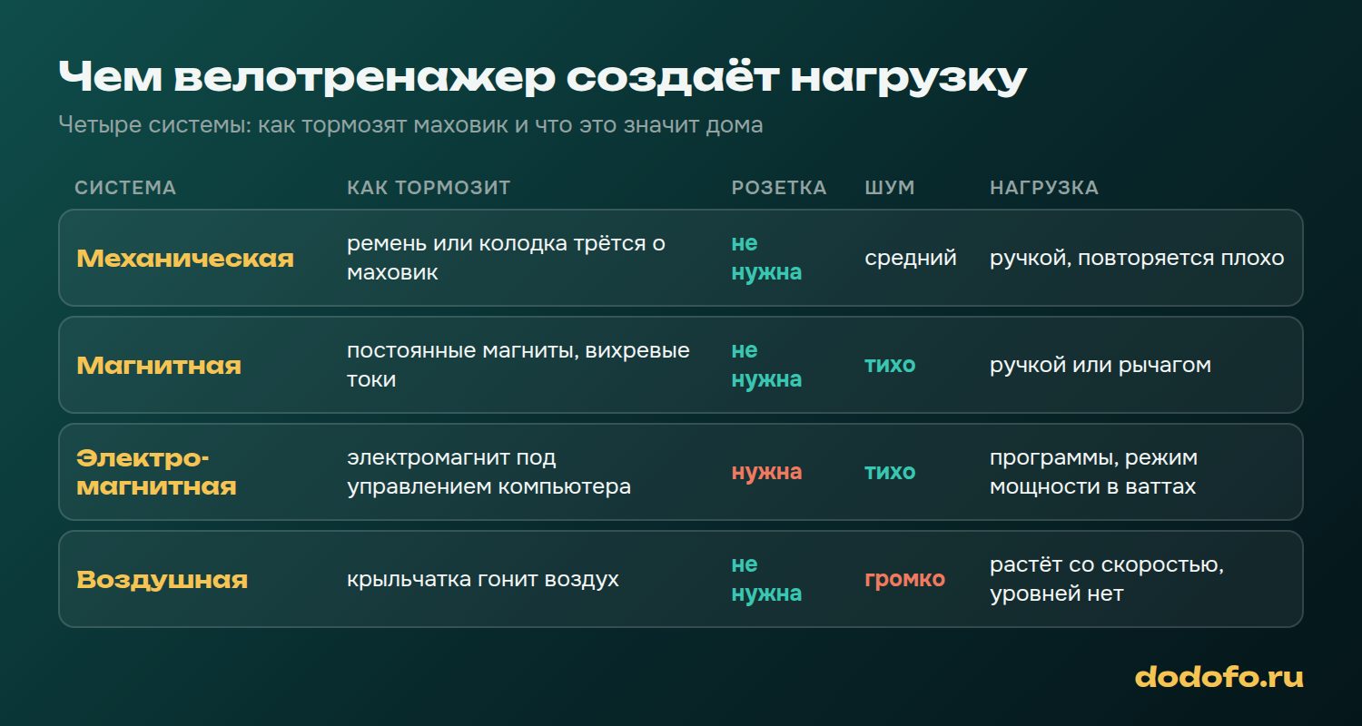 Четыре системы нагрузки велотренажера: механическая, магнитная, электромагнитная и воздушная